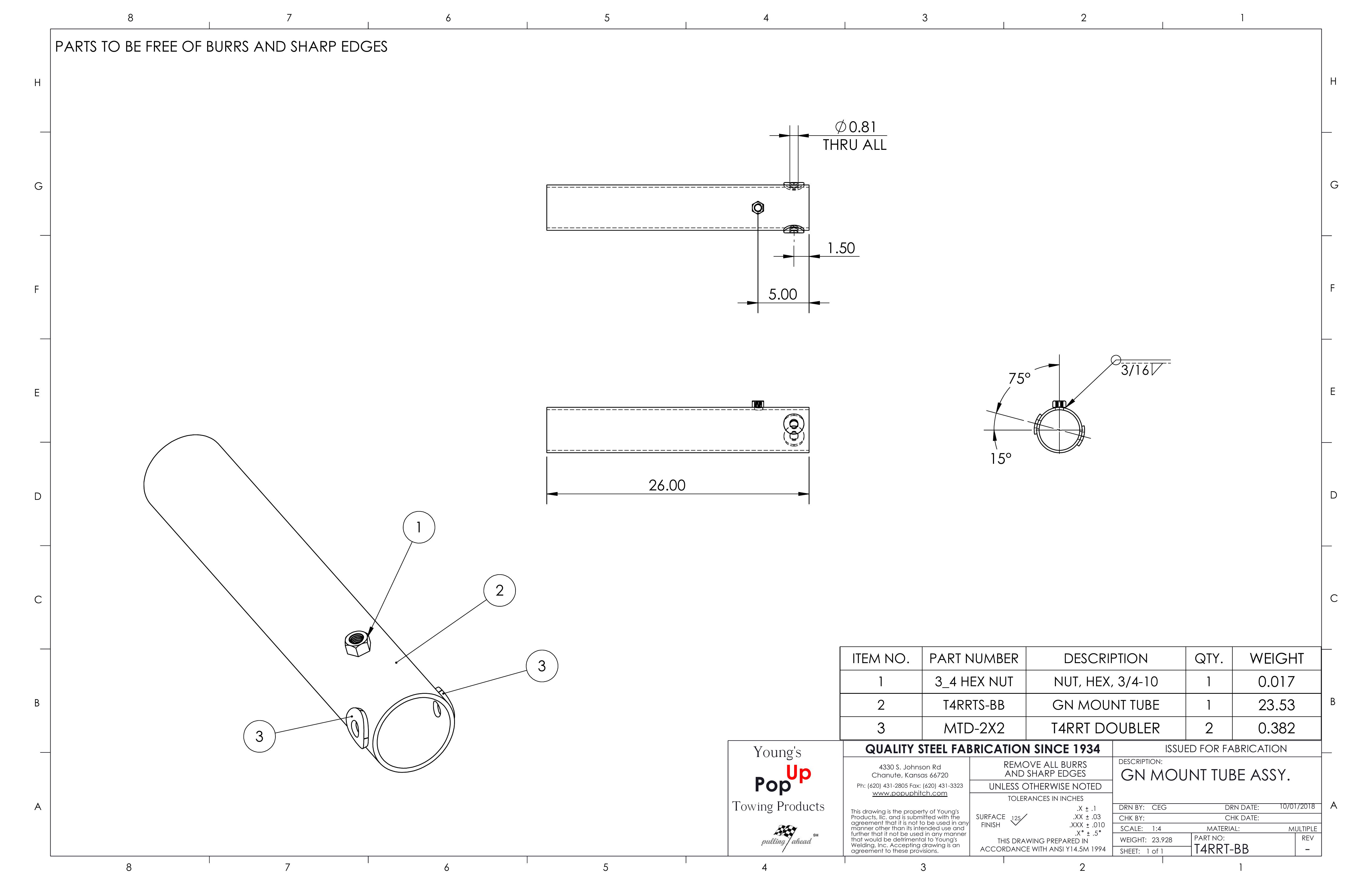 T4RRT-BB gooseneck trailer outer receiver tube for 4 inch Rd coupler stem, 26 inches long, unpainted.