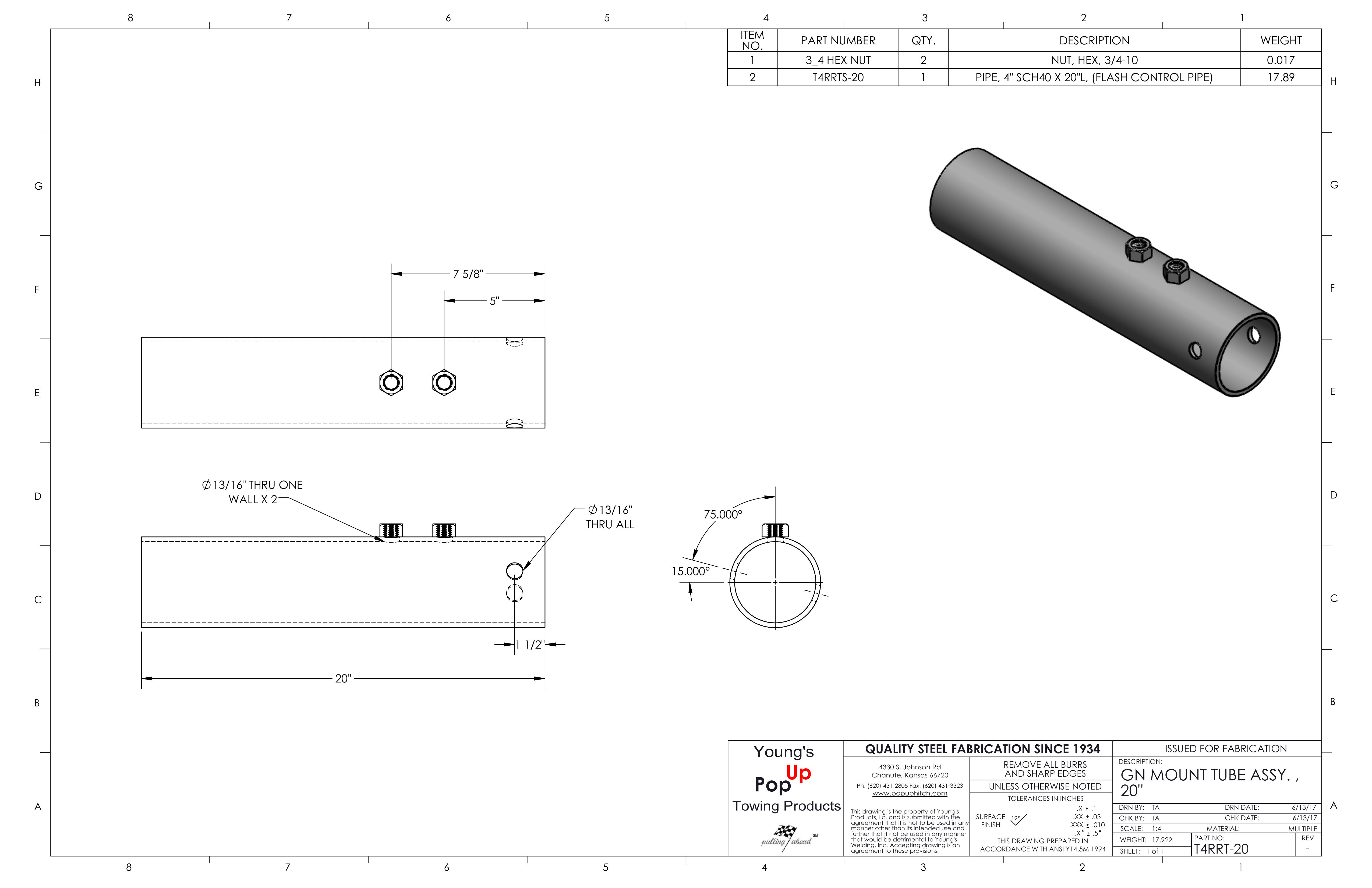 T4RRT-DL  gooseneck trailer outer receiver tube for 4 inch RD coupler stem - 20 inches long, unpainted.